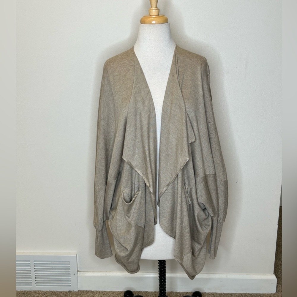 Karen Kane Taupe Open Front Cardigan Sweater Batwing Sleeve Women's L Wool Blend